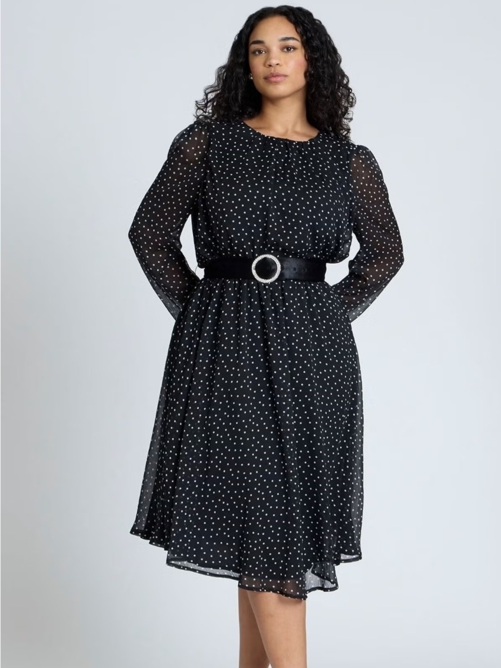 Eloquii Circle Belt Black Polka Dot Midi Dress
